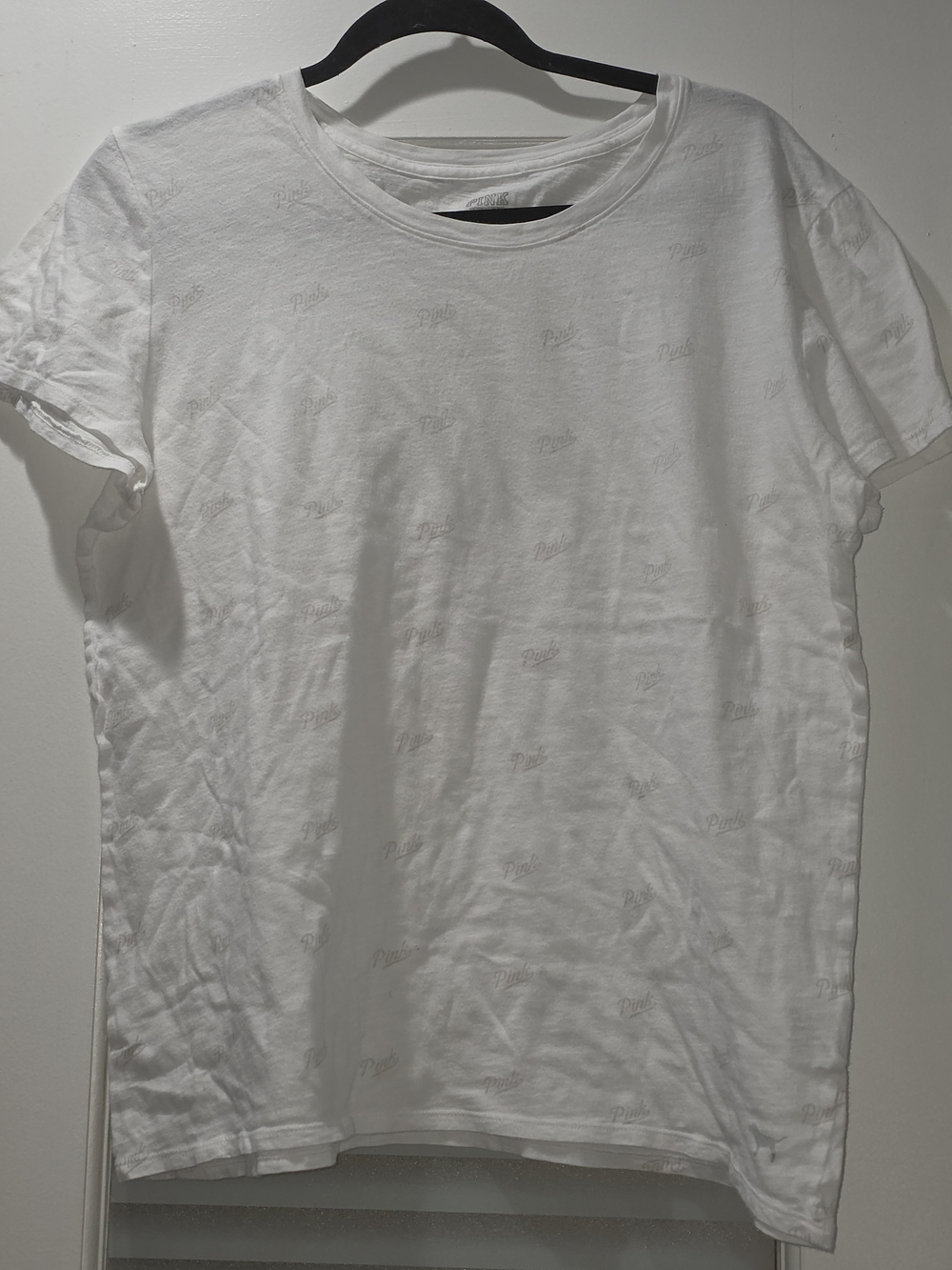 Victoria's Secret PINK Perfect Crew Tee featuring an all-over printed script log